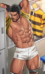 1boy abs arms_up bara bare_chest black_hair body_hair bound bound_wrists bulge chest chest_hair closed_eyes facial_hair goatee male_focus manly muscle navel nipples original rugby rugby_uniform sakuramarusan shirt shirt_lift short_hair shorts sideburns solo sportswear striped striped_shirt sweatdrop thick_thighs thighs rating:Safe score:0 user:danbooru