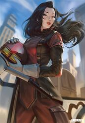 1girl artist_name asami_sato avatar_legends black_hair blue_sky building city gloves headwear_removed helmet helmet_removed highres lipstick long_hair makeup parted_lips raidouart red_lipstick sky solo standing the_legend_of_korra rating:Safe score:0 user:danbooru