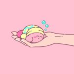  1other blush_stickers bubble closed_eyes english_commentary hands hat highres holding james_turner kirby kirby_(series) nightcap pink_background simple_background solo  rating:safe score: user:danbooru