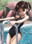1girl black_one-piece_(module) breasts brown_eyes brown_hair competition_swimsuit highres looking_at_viewer mecha one-piece_swimsuit original pool pool_ladder robot rohitsuka school_swimsuit small_breasts solo swimsuit thighs twintails wet wet_hair rating:Safe score:3 user:danbooru