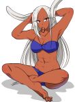 1girl abs adjusting_hair animal_ears arms_up bangs bare_arms bare_legs bikini blue_bikini boku_no_hero_academia commentary_request dark_skin eyelashes indian_style long_hair looking_at_viewer mirko mouth_hold muscle muscular_female nstime23 off-shoulder_swimsuit parted_bangs rabbit_ears red_eyes shadow simple_background sitting soles solo swimsuit white_background white_hair rating:Safe score:3 user:danbooru