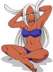 1girl abs adjusting_hair animal_ears arms_up bangs bare_arms bare_legs bikini blue_bikini boku_no_hero_academia commentary_request dark_skin eyelashes indian_style long_hair looking_at_viewer mirko mouth_hold muscle muscular_female nstime23 off-shoulder_swimsuit parted_bangs rabbit_ears red_eyes shadow simple_background sitting soles solo swimsuit white_background white_hair rating:Safe score:4 user:danbooru