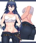  1girl absurdres arcedo artist_name ass blue_eyes blue_hair breasts english_commentary fire_emblem fire_emblem_awakening hairband hands_on_hips highres long_hair lucina_(fire_emblem) midriff multiple_views navel open_mouth small_breasts tank_top toned very_long_hair  rating:safe score: user:danbooru