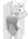 1girl animal_ears arms_up bangs boku_no_hero_academia breasts bunny_tail commentary_request dark_skin dark-skinned_female eyebrows_visible_through_hair gloves greyscale grin highres long_hair looking_at_viewer mirko monochrome nstime23 one-piece_swimsuit own_hands_together parted_bangs rabbit_ears sidelocks smile solo stretch swimsuit tail thighs rating:Safe score:0 user:danbooru