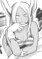 1girl animal_ears bangs bare_shoulders bent_over bikini biting boku_no_hero_academia breasts bunny_tail commentary_request dark_skin dark-skinned_female finger_biting gloves greyscale half-closed_eye highres long_hair looking_at_viewer mirko monochrome nstime23 rabbit_ears sidelocks solo striped striped_bikini swimsuit tail white_gloves rating:Safe score:3 user:danbooru