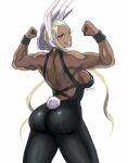 1girl animal_ears ass back blonde_hair boku_no_hero_academia brown_eyes bunny_tail clenched_hands dark_skin grin long_hair looking_at_viewer mirko muscle muscular_female one-piece_swimsuit rabbit_ears shibusun simple_background smile solo swimsuit tail white_background rating:Safe score:2 user:danbooru