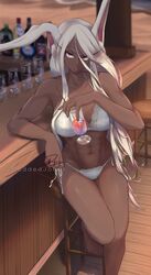 1girl abs absurdres animal_ear_fluff animal_ears bar barefoot beach bikini boku_no_hero_academia breasts cocktail cocktail_glass collarbone commentary cup dark_skin dark-skinned_female drinking_glass drinking_straw english_commentary full_body highres lace-trimmed_bikini lace_trim leaning_on_table long_eyelashes long_hair looking_at_viewer medium_breasts mirko moddedjoker muscular muscular_female navel rabbit_ears rabbit_girl red_eyes shiny shiny_skin side-tie_bikini signature silver_hair sitting solo spaghetti_strap stool strap_gap swimsuit thigh_gap toenails toes toned white_bikini rating:Safe score:4 user:danbooru