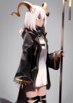  1girl a.a_(aa772) animal_ear_fluff animal_ears arknights bangs beeswax_(arknights) black_jacket brown_eyes commentary_request curled_horns dark_skin dress eyebrows_visible_through_hair from_side grey_background hair_between_eyes holding hood hood_down hooded_jacket horns jacket long_hair long_sleeves looking_away parted_lips simple_background sleeves_past_wrists solo standing white_dress white_hair wide_sleeves  rating:safe score: user:danbooru