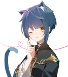  1boy ;d a.a_(aa772) animal_ear_fluff animal_ears bangs black_jacket blue_hair blush brown_eyes cat_boy cat_ears cat_tail earrings eyebrows_visible_through_hair frilled_sleeves frills genshin_impact hair_between_eyes heart jacket jewelry kemonomimi_mode long_sleeves looking_at_viewer male_focus one_eye_closed open_mouth simple_background smile solo tail tail_raised upper_body white_background wide_sleeves xingqiu_(genshin_impact)  rating:safe score: user:danbooru