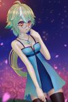  1girl absurd_fox anime_girl blue_dress dress genshin_impact glasses green_hair orange_eyes stockings sucrose_(genshin_impact)  rating:safe score: user:absurdfox