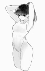 1girl armpits arms_behind_head arms_up blush closed_mouth collarbone competition_swimsuit greyscale guhanshounen komi-san_wa_komyushou_desu komi_shouko long_hair monochrome one-piece_swimsuit ponytail simple_background sketch solo swimsuit white_background rating:Safe score:2 user:danbooru