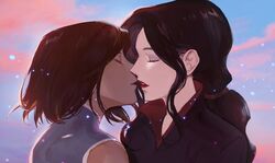 2girls asami_sato avatar_legends black_hair brown_hair closed_eyes eyeshadow h_nut imminent_kiss korra lipstick low_ponytail makeup multiple_girls parted_lips ponytail red_lips short_hair sleeveless the_legend_of_korra upper_body yuri rating:Safe score:4 user:danbooru