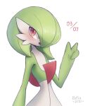  artist_name bellavoirr blush commentary dated english_commentary gardevoir gen_3_pokemon hand_up looking_at_viewer open_mouth orange_eyes pokemon pokemon_(creature) simple_background smile solo tongue v white_background  rating:safe score: user:danbooru