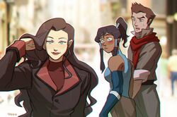 1boy 2girls adjusting_hair asami_sato avatar_legends bisexual_(female) blue_eyes blurry blurry_background dark-skinned_female dark_skin distracted_boyfriend_(meme) elbow_gloves eyeshadow gloves green_eyes korra makeup mako_(avatar) multiple_girls photo_background ponytail red_lips red_scarf scarf sleeveless the_legend_of_korra unoobang upper_body rating:Safe score:0 user:danbooru