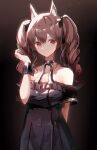  1girl a.a_(aa772) angelina_(arknights) animal_ear_fluff animal_ears arknights bangs bare_shoulders black_dress braid breasts brown_hair commentary_request dress eyebrows_behind_hair frilled_dress frills hair_between_eyes hand_up long_hair looking_at_viewer medium_breasts off-shoulder_dress off_shoulder red_eyes short_sleeves solo twin_braids twintails  rating:safe score: user:danbooru