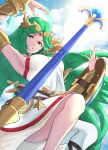 1girl arm_up armlet armpits bangs bracer breasts clouds commentary dress english_commentary eyebrows_visible_through_hair floating floating_hair floating_object floating_weapon forehead_jewel gold_necklace green_eyes green_hair grimmelsdathird highres jewelry kid_icarus kid_icarus_uprising large_breasts laurel_crown lips long_hair necklace open_mouth palutena parted_bangs shield signature single_thighhigh sky smile solo staff strapless strapless_dress teeth thigh-highs very_long_hair weapon white_dress rating:Safe score:1 user:danbooru