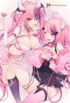  2girls alternate_costume breasts choker demon_girl hair_ornament heart heart_hair_ornament heart_hands horns ironmouse large_breasts medium_breasts multicolored_hair multiple_girls nanoless pink_hair red_eyes skirts streaked_hair thigh-highs thigh_strap vshojo white_horns wing_hair_ornament  rating:safe score: user:danbooru