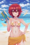  1girl absurd_fox arknights bangs bare_shoulders bikini blush breasts exusiai_(arknights) hair_between_eyes halo orange_eyes redhead short_hair solo  rating:safe score: user:absurdfox