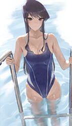 1girl absurdres black_hair blush breasts brown_eyes brown_hair expressionless highres komi-san_wa_komyushou_desu komi_shouko long_hair looking_at_viewer medium_breasts one-piece_swimsuit pool_ladder shiny sidelocks solo swimsuit takita_(takita3411) wading wet rating:Safe score:0 user:danbooru