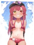 1girl absurdres bangs bikini blush breasts eyebrows_visible_through_hair hair_ribbon hat heterochromia highres hololive houshou_marine large_breasts long_hair looking_at_viewer navel one-piece_tan open_mouth pepushi_drow red_eyes redhead ribbon smile solo swimsuit tan tanlines virtual_youtuber yellow_eyes younger rating:Safe score:0 user:danbooru