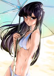 1girl absurdres beach beach_umbrella bikini black_eyes black_hair breasts day flashlight_(artist) highres holding komi-san_wa_komyushou_desu komi_shouko long_hair looking_at_viewer navel outdoors parasol pout sand small_breasts solo standing swimsuit umbrella white_bikini rating:Safe score:-1 user:danbooru