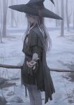  1girl absurdres bandage_over_one_eye bangs blue_eyes breasts commentary english_commentary fingernails free_style_(yohan1754) giving grey_hair hat highres holding holding_staff long_hair long_sleeves looking_at_viewer original outdoors outstretched_arm smile snow staff witch witch_hat  rating:safe score: user:danbooru