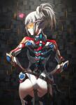 1girl absurdres android ass back bangs breasts grey_hair highleg highleg_leotard highres joints large_breasts leotard long_hair looking_at_viewer looking_back mechanical_arms original ponytail robot_joints smile solo thighs tonee visor white_leotard rating:Safe score:2 user:danbooru