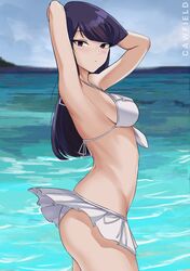1girl arms_behind_head arms_up artist_name bikini bikini_skirt black_hair blush breasts cawfield closed_mouth cowboy_shot frilled_bikini frills from_side halterneck highres komi-san_wa_komyushou_desu komi_shouko long_hair looking_at_viewer medium_breasts sideboob solo straight_hair swimsuit violet_eyes water white_bikini rating:Safe score:3 user:danbooru