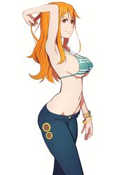 1girl arm_behind_head armpits bikini bikini_top blue_pants bracelet breasts covered_nipples jewelry large_breasts long_hair looking_at_viewer medium_breasts nami_(one_piece) navel one_piece orange_eyes orange_hair pants simple_background smile solo strap_gap swimsuit under_boob white_background zoryc rating:Safe score:7 user:danbooru