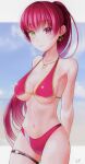 1girl absurdres beach belt bikini blurry blurry_background closed_mouth commentary cowboy_shot earrings eyebrows_visible_through_hair heart heart_earrings heart_necklace heterochromia highres hololive houshou_marine jewelry leg_belt long_hair navel ponytail red_bikini red_eyes red_swimsuit redhead smile solo swimsuit user_uiui9696 virtual_youtuber wet yellow_eyes rating:Safe score:1 user:danbooru