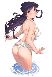 1girl absurdres ass ass_visible_through_thighs bikini black_eyes black_hair from_behind highres jebi komi-san_wa_komyushou_desu komi_shouko leaning_forward long_hair looking_at_viewer looking_back simple_background soaking_feet solo standing swimsuit white_background white_bikini rating:Safe score:4 user:danbooru