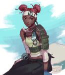 1girl apex_legends black_pants blue_gloves breasts brown_eyes clouds dark-skinned_female dark_skin detached_sleeves double_bun english_commentary gloves green_tank_top headband headset highres jeremy_anninos lifeline_(apex_legends) looking_to_the_side pants redhead sitting sketch sky small_breasts smile solo tank_top white_headband rating:Safe score:1 user:danbooru