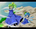 angry blood blue_hair bow cirno daiyousei dress dust fang fubuki_(artist) green_eyes green_hair hair_ribbon highres injury kneeling multiple_girls outstretched_arms spread_arms torn_clothes touhou wince wind wings rating:Safe score:1 user:Gelbooru