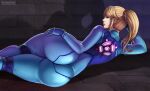 1girl artist_name ass bangs blonde_hair blue_bodysuit blue_eyes bodysuit closed_mouth commentary flowerxl from_behind impossible_bodysuit impossible_clothes lips long_hair long_sleeves looking_at_viewer looking_back lying metroid mole mole_under_mouth on_side ponytail samus_aran shadow shiny shiny_clothes signature simple_background skin_tight smile solo tied_hair zero_suit rating:Safe score:0 user:danbooru