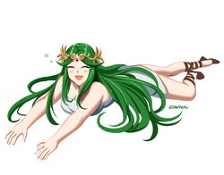 1girl :d absurdres bangs blush closed_eyes commission commissioner_upload daniaeru dress eyebrows_visible_through_hair green_hair high_heels highres kid_icarus kid_icarus_uprising long_hair lying non-web_source on_stomach open_mouth palutena parted_bangs sleeveless sleeveless_dress smile solo strapless strapless_dress twitter_username very_long_hair white_background white_dress rating:Safe score:0 user:danbooru