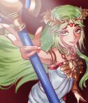 1girl absurdres armlet bangs bare_shoulders breasts choker commission commissioner_upload dress green_eyes green_hair highres holding holding_staff jewelry kid_icarus kid_icarus_uprising long_hair looking_up necklace palutena parted_bangs pendant salmonjee sleeveless sleeveless_dress smile solo staff strapless strapless_dress very_long_hair white_dress rating:Safe score:0 user:danbooru