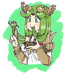 1girl abababu000 bangs bare_shoulders blush bracelet breasts cheek_bulge choker commission commissioner_upload dress eating_hair eyebrows_visible_through_hair fork green_eyes green_hair jewelry kid_icarus kid_icarus_uprising long_hair necklace palutena parted_bangs pendant simple_background skeb_commission sleeveless sleeveless_dress smile solo strapless strapless_dress upper_body very_long_hair white_dress rating:Safe score:2 user:danbooru