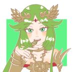 1girl abababu000 bangs bare_shoulders blush bracelet breasts choker commission commissioner_upload dress eating_hair eyebrows_visible_through_hair fork green_eyes green_hair jewelry kid_icarus kid_icarus_uprising long_hair looking_at_viewer necklace open_mouth palutena parted_bangs pendant simple_background skeb_commission sleeveless sleeveless_dress smile solo strapless strapless_dress upper_body very_long_hair white_dress rating:Safe score:1 user:danbooru