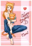 1girl animal_ears arm_under_breasts armpit_crease barefoot between_legs bikini bracelet breasts cat_ears cat_tail character_name collarbone commentary_request dated denim english_text eyelashes feet green_bikini hand_between_legs happy_birthday heart highres holding holding_tail jeans jewelry knee_up large_breasts legs long_hair nail_polish nami_(one_piece) navel object_hug one_eye_closed one_piece open_mouth orange_hair pants partially_unbuttoned pink_background pink_nails raida_(user_yypr5857) shiny shiny_clothes shiny_hair sitting smile solo striped striped_bikini stuffed_animal stuffed_toy swimsuit tail teeth toenail_polish toenails toes tongue under_boob upper_teeth watch watch rating:Safe score:0 user:danbooru
