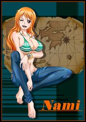 1girl arm_under_breasts armpit_crease barefoot between_legs bikini bracelet breasts character_name collarbone commentary_request denim english_text eyelashes feet green_bikini hand_between_legs heart highres holding jeans jewelry knee_up large_breasts legs long_hair nail_polish nami_(one_piece) navel one_eye_closed one_piece open_mouth orange_hair pants partially_unbuttoned pink_nails raida_(user_yypr5857) shiny shiny_clothes shiny_hair sitting smile solo striped striped_bikini swimsuit teeth toenail_polish toenails toes tongue under_boob upper_teeth watch watch rating:Safe score:0 user:danbooru