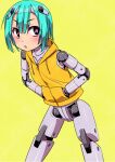1girl android aqua_hair commentary_request eyebrows_visible_through_hair flat_chest hands_in_pockets hood hood_down hoodie joints looking_at_viewer original pink_eyes robot_joints short_hair simple_background sleeveless solo tommy_region yellow_background rating:Safe score:0 user:danbooru