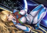 1girl asteroid blonde_hair blue_bodysuit bodysuit breasts green_eyes holster impossible_bodysuit impossible_clothes knees_up large_breasts legs_together liang_xing looking_at_viewer lying metroid multicolored_bodysuit multicolored_clothes on_back planet samus_aran signature skin_tight solo space thigh_holster white_bodysuit window zero_suit rating:Safe score:1 user:danbooru