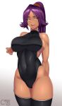 1girl absurdres arm_behind_back bangs bare_shoulders black_legwear black_swimsuit bleach breasts castell covered_navel dark-skinned_female dark_skin hairband hand_on_own_chest high_ponytail highres large_breasts long_hair looking_at_viewer one-piece_swimsuit orange_hairband parted_bangs purple_hair shihouin_yoruichi sideboob sidelocks signature skindentation smile solo swimsuit thigh-highs thighs toned yellow_eyes rating:Safe score:5 user:danbooru