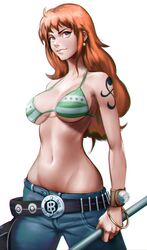 1girl absurdres bangle belt bikini bikini_top_only blue_pants bracelet breasts caprara clima-tact cowboy_shot denim earrings groin highres holding holding_weapon jeans jewelry lips long_hair loose_belt lowleg lowleg_pants medium_breasts nami_(one_piece) navel nose one_piece orange_hair pants shoulder_tattoo solo spaghetti_strap staff strap_gap swimsuit tattoo under_boob violet_eyes weapon white_background rating:Safe score:3 user:danbooru