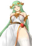 1girl armlet bangs bare_shoulders breasts dress goddess gold green_hair highres impossible_clothes jewelry kid_icarus kid_icarus_uprising large_breasts long_hair neck_ring necklace palutena parted_bangs pendant side_slit single_thighhigh solo strapless strapless_dress thigh-highs underbust vambraces very_long_hair white_dress zib_(boriku) rating:Safe score:0 user:danbooru