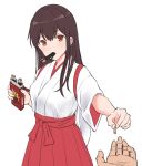  1girl akagi_(kancolle) brown_eyes brown_hair commentary cowboy_shot eyebrows_visible_through_hair food food_in_mouth hakama hakama_skirt holding holding_food japanese_clothes kantai_collection kurage1 long_hair looking_at_viewer pocky red_skirt simple_background skirt solo_focus straight_hair tasuki valentine white_background  rating:safe score: user:danbooru