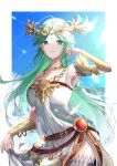 1girl bangs bare_shoulders belt blurry blurry_background border breasts chain colosseum commentary_request cowboy_shot dress forehead gauntlets goddess gold_choker green_eyes green_hair hair_ornament highres jewelry kid_icarus large_breasts lifted_by_self long_hair looking_at_viewer necklace outdoors palutena parted_bangs parted_lips signature solo sparkle strapless strapless_dress super_smash_bros. thigh-highs white_border white_dress white_legwear yu_sanawitch rating:Safe score:0 user:danbooru