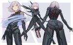 +_+ 1girl android arm_mounted_weapon arms_at_sides bangs black_necktie bob_cut border breasts detached_collar dual_wielding electricity facing_away fighting_stance frown grey_background grey_eyes grey_hair hair_over_shoulder highres holding holding_polearm holding_weapon legs_apart looking_at_viewer mecha_musume multiple_views necktie original outside_border parted_lips polearm see-through_sleeves short_hair short_sleeves simple_background standing transformation weapon white_border xzu rating:Safe score:1 user:danbooru