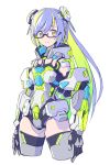 1girl android arms_at_sides blue_hair breasts colored_inner_hair commentary_request degarashi_(ponkotsu) eyebrows_visible_through_hair green_hair joints long_hair looking_at_viewer multicolored_hair original robot_joints semi-rimless_eyewear small_breasts smile solo two-tone_hair under-rim_eyewear white_background yellow_eyes rating:Safe score:0 user:danbooru