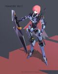 1girl android english_commentary eyebrows_visible_through_hair full_body grey_background highres holding holding_sword holding_weapon humanoid_robot joints long_hair looking_at_viewer original pink_hair planted planted_sword red_background red_eyes robot_joints shadow simple_background solo standing sword tsurime two-tone_background ushas very_long_hair weapon rating:Safe score:0 user:danbooru